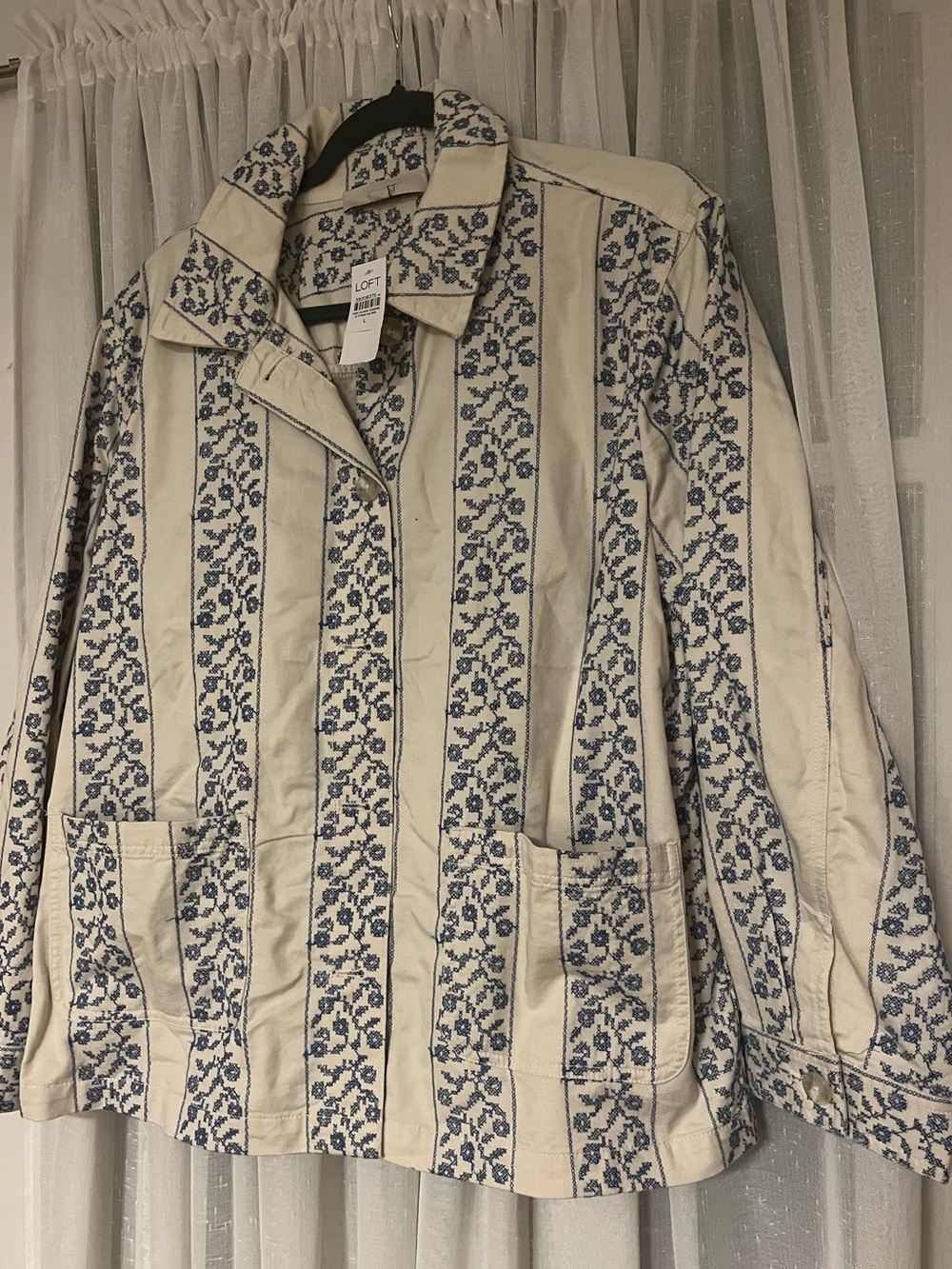 LOFT Cream Jacket with Blue Floral Stripe Pattern